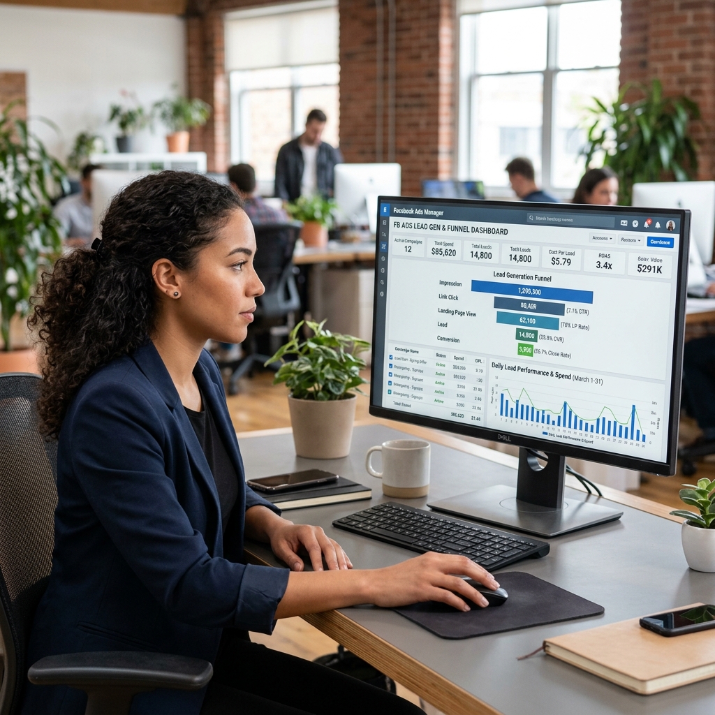 DMAIG Facebook ads specialist configuring campaign parameters on dashboard in office