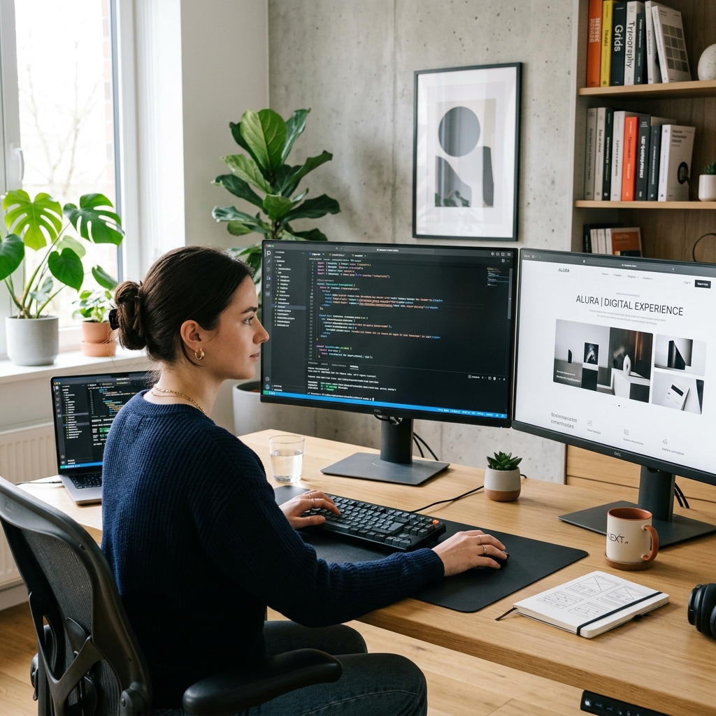 DMAIG Web Developer coding a modern React nextjs business site in Guwahati office